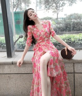 氣質中長款 碎花連衣裙 夏季 劉美人沙灘裙海邊度假裙子女2025新款
