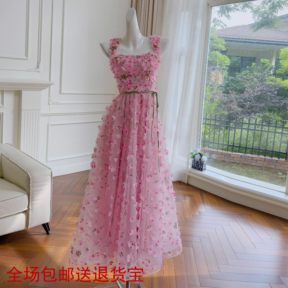 法式夏日度假花朵吊带长裙收腰系带显瘦A字礼服连衣裙女约会可穿
