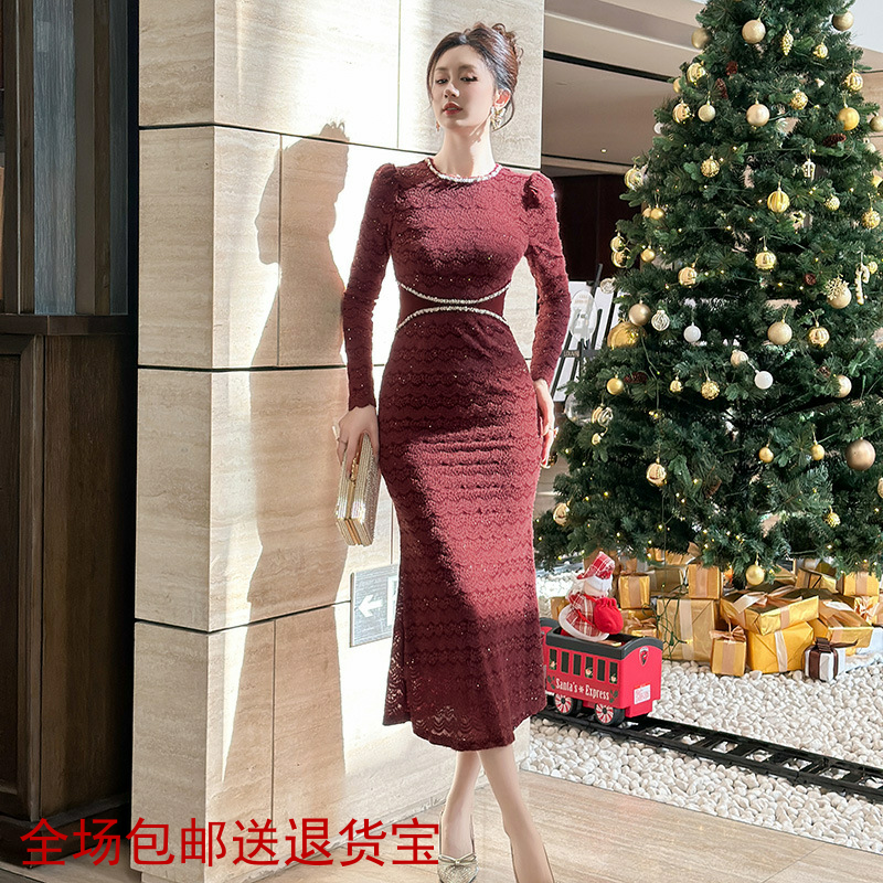 圆领蕾丝修身包臀连衣裙打底内搭泡泡袖长款宴会气质晚礼服21880