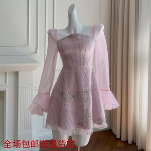 浅紫色温柔风重工盘带绣甜美穿搭礼服聚会派对连衣裙女69311 春季