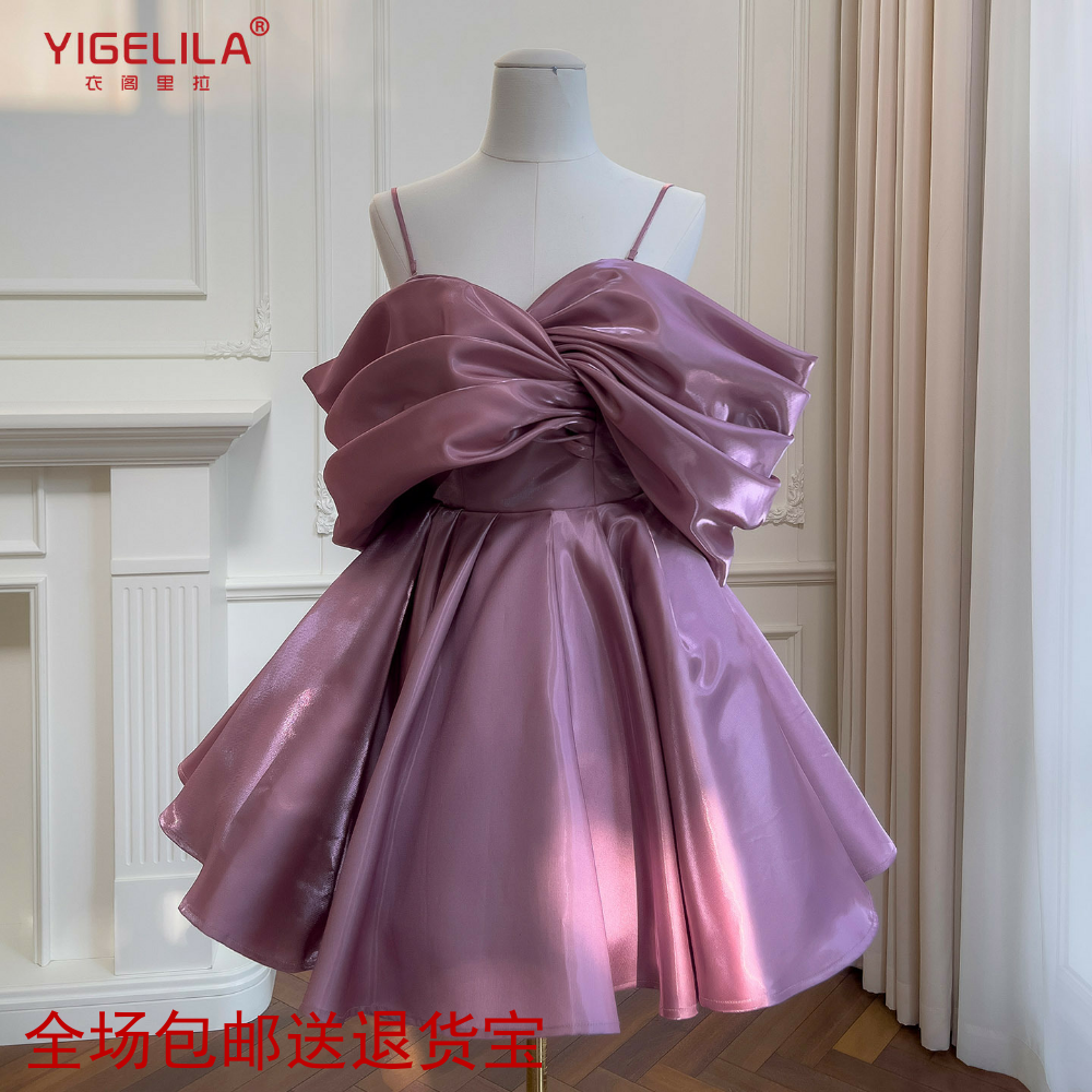 轻奢欧美风缎面一字肩礼服法式优雅时尚连衣裙修身收腰短裙69458