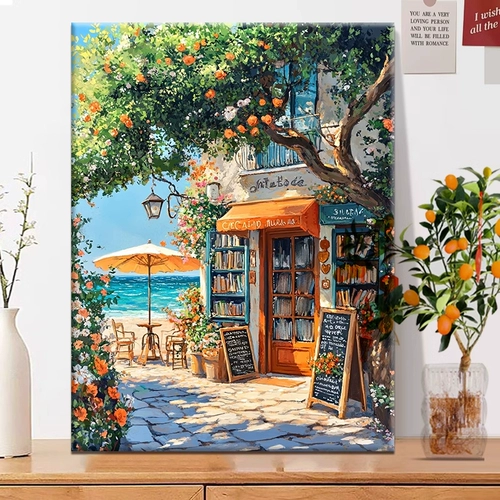 Приморский книжный магазин с бриллиантовыми живописью 2025 Новый пейзаж ручной работы ручной работы материал для материала для плитки в рамке гостиной маленький крест