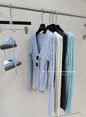 十三行2026春款新款修身显瘦V领垫肩针织衫女短款毛衣开衫B1122