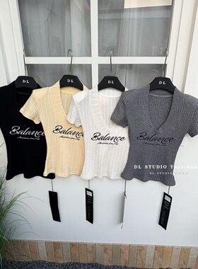 2026春季新款韩版气质字母刺绣V领短袖针织衫修身显瘦上衣A10077