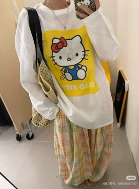 2026夏季新款韩版卡通猫咪印花宽松显瘦百搭长袖麻料防晒女A10653