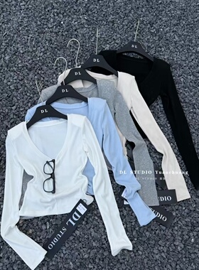 2026春季新款韩版时尚气质纯色V领长袖T恤打底衫女A10083