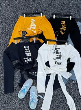 2026春季新款韩版时尚气质字母印花一字肩绑带短款长袖卫衣A10039