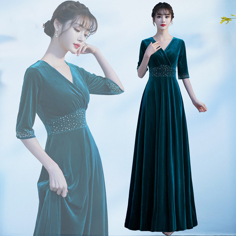 大合唱演出服装女长裙丝绒新款合唱礼服指挥服年会主持晚礼服长款