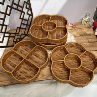 仿藤编织篮子藤筐隔页篮分格篮茶几果盘圆形三格零食干果筐小吃篮