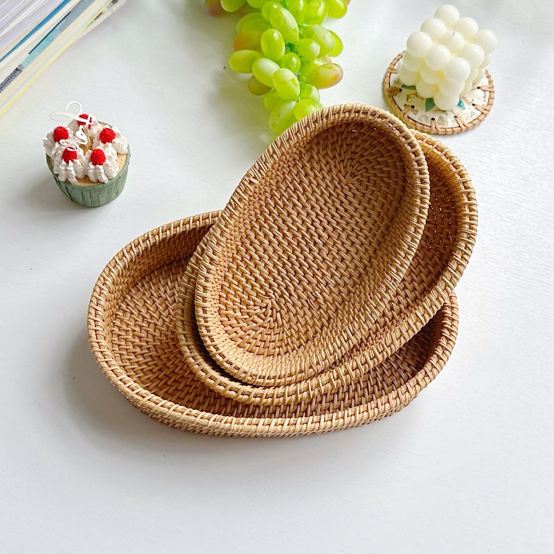 秋藤编编织椭圆形面包篮刀叉收纳