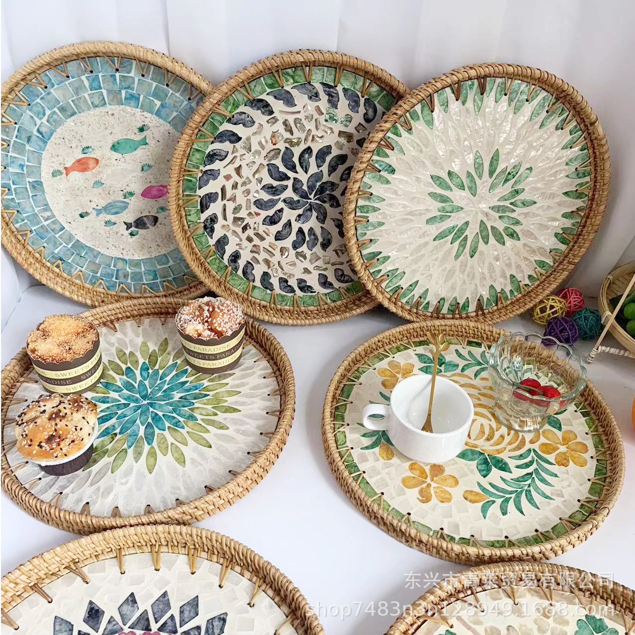 天然藤编手工贝壳托盘北欧创意彩贝壳果盘零食收纳托盘茶盘贝壳果