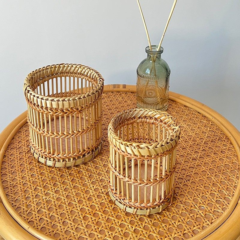 北欧简约圆形托盘客厅玄关化妆品钥匙杂物小物件桌面竹藤编收纳筒,收纳整理,收纳筐,淘宝优惠券,粉丝福利购,淘宝优惠卷