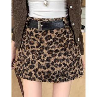 小个子定制美式 复古秋冬豹纹半身裙高腰毛毛短裙配腰带新A字裙676