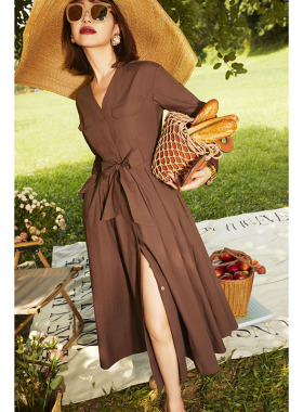 法式复古新款无领衬衫连衣裙女野餐度假大摆裙小个子中长款71571