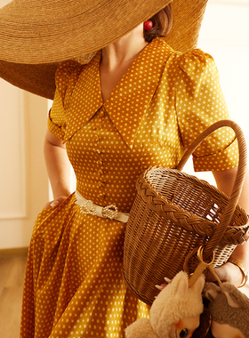法式姜黄色小波点西装领高腰显瘦大摆连衣裙 72127