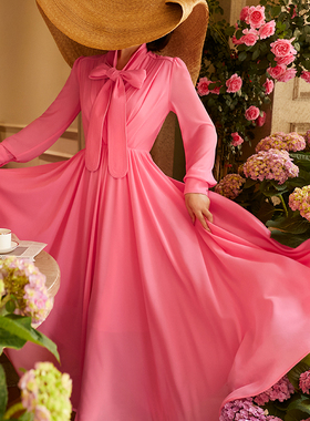 法式轻奢定制高级感优雅精致粉红色长款大摆高腰显瘦连衣裙 70688