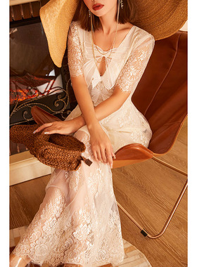 法式轻奢度假风茶歇裙女装杏色蕾丝连衣裙气质显瘦 70129