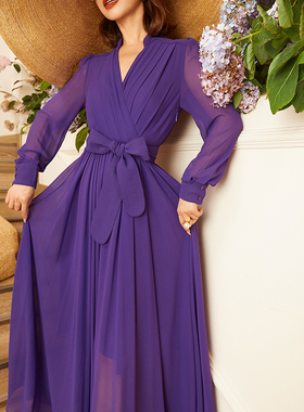法式复古重工排褶紫色连衣裙高腰大摆及踝长裙显瘦女长袖70688
