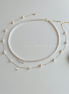 LaHabanagirl满天星人造珍珠进口人造锆石14K包金星河灿烂项链