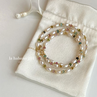 LaHabanagirl 花瓣天然淡水珍珠天然碧玺14k包金不掉色糖果色项链