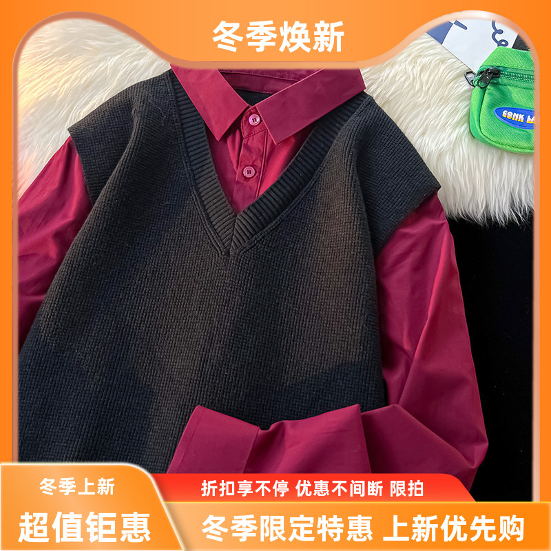 2025羊毛优质其他爆款男士假两件卫衣衬衫领新款刺绣针织潮牌衫