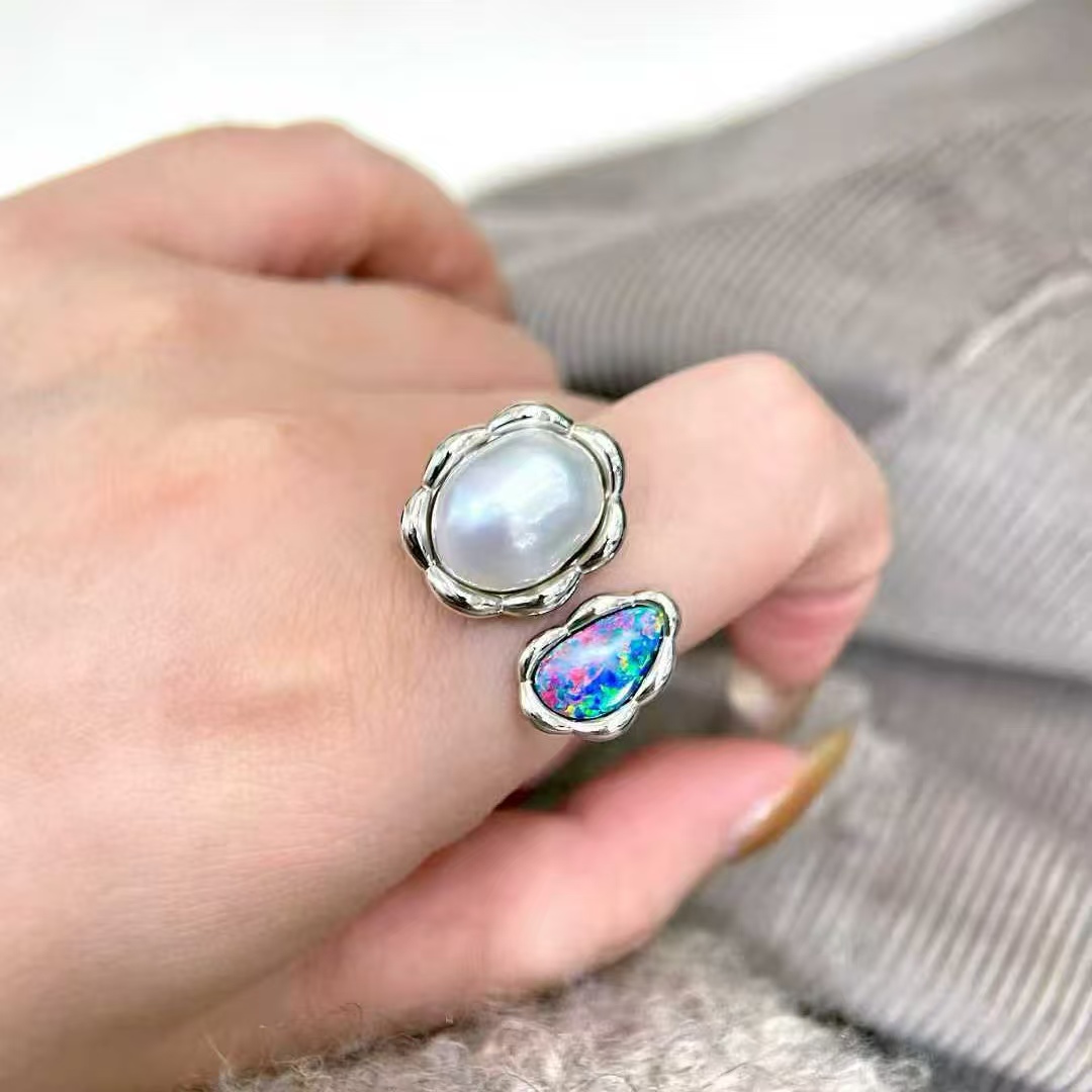 天然海水10-12mm澳白巴洛克欧泊戒指 设计款精品银一对一开模