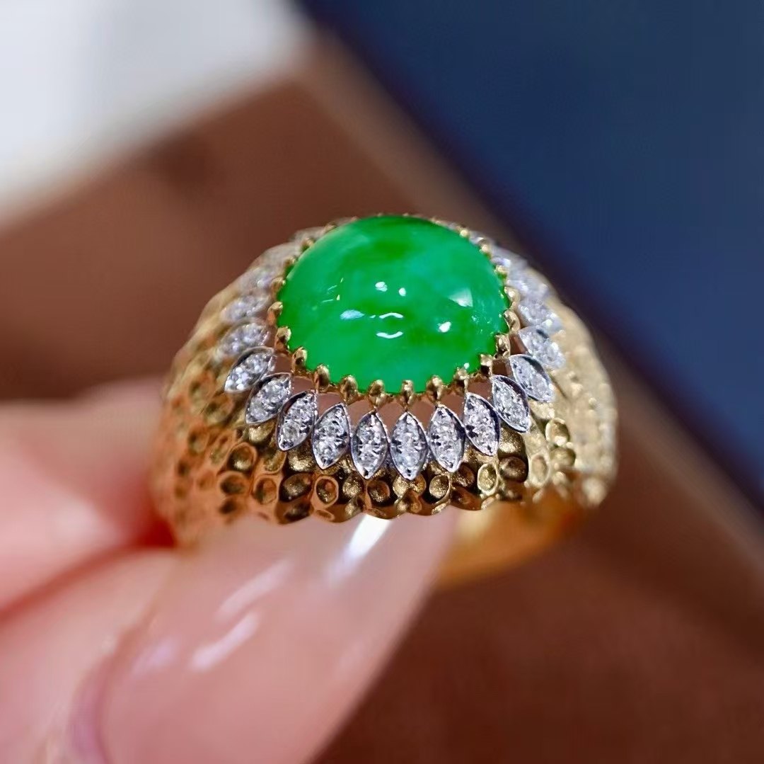 18K金钻石镶嵌 天然蛋面翡翠戒指 精美复古高级起荧光 国际证书,珠宝/钻石/翡翠,手饰,淘宝优惠券,粉丝福利购,淘宝优惠卷
