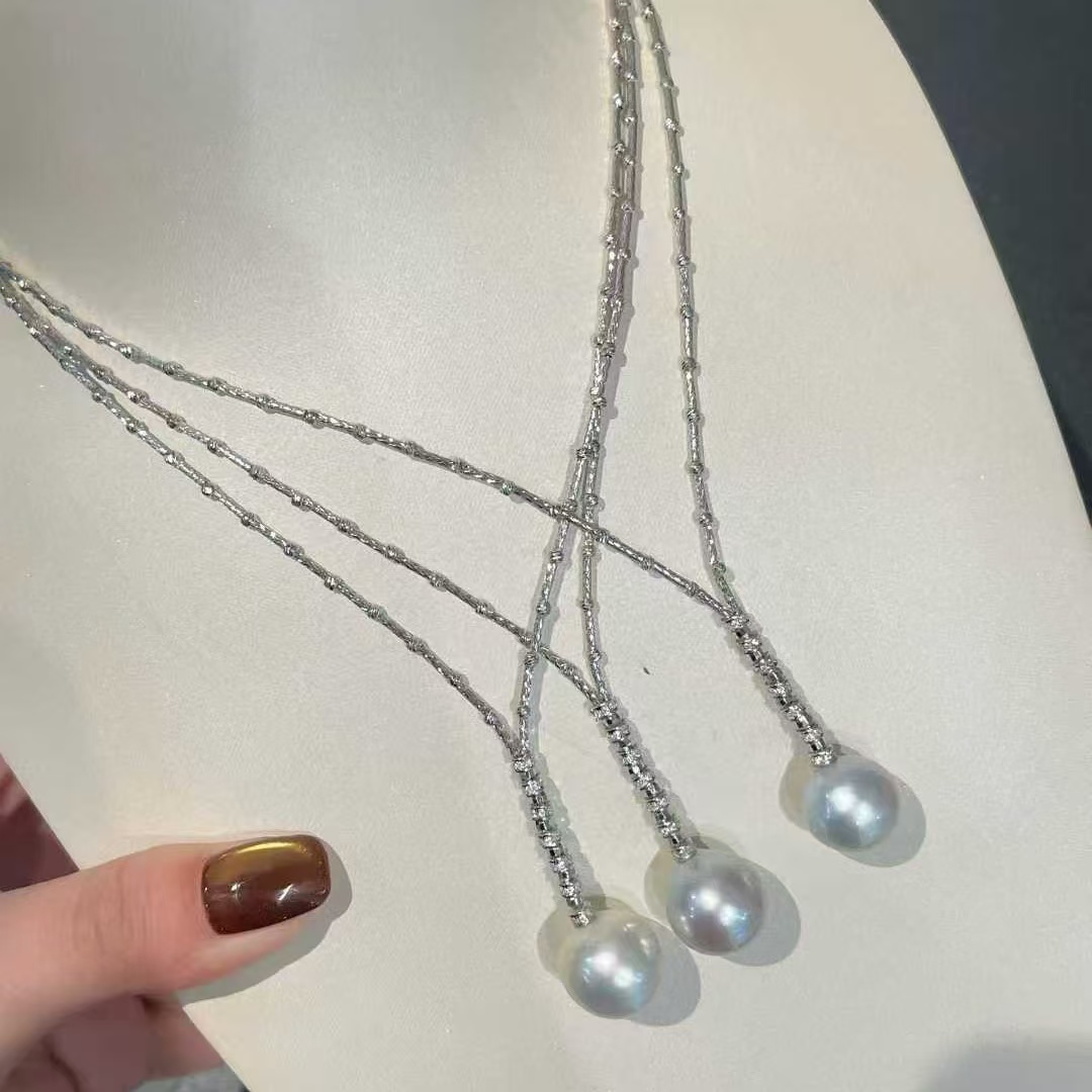 天然海水13-14mm极简风Y字澳白项链 925银镭射制 精致珠宝感