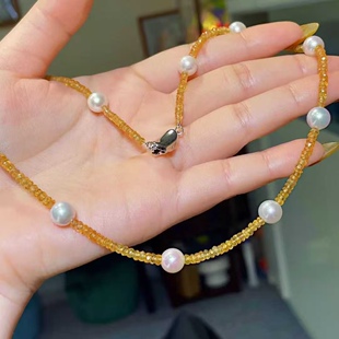 天然海水7.5 18K搭配算盘珠切割黄色蓝宝石 8mm极光akoya珍珠项链