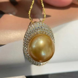 岁末清仓 天然海水13.5mm南洋金珠吊坠 精工银镶嵌