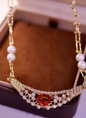 18K金钻石镶嵌 天然芬达石项链 主石2.65克拉 红橙色调超显白