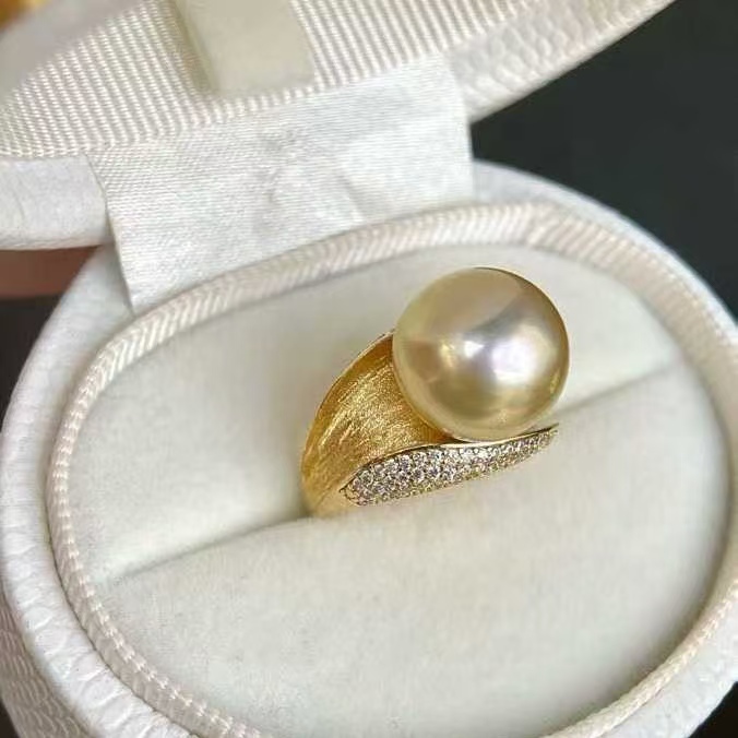 天然海水12.8mm亮金色南洋金珠戒指 925银布契拉提工艺镶嵌
