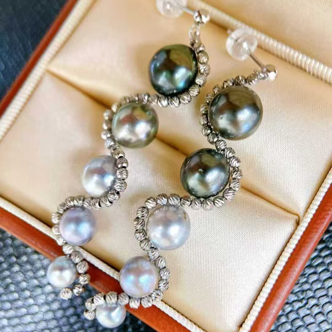 天然海水5-10mm星球款真多麻大溪地耳环 手工编织缠绕 精工银镶嵌