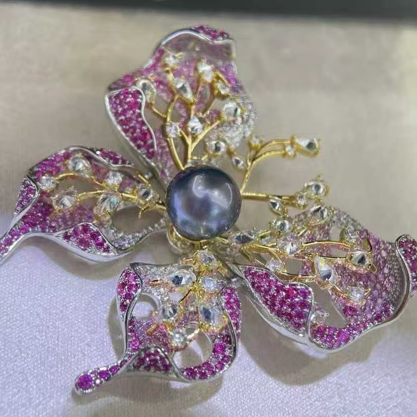 天然海水12-13mm大溪地珍珠胸针 蝶舞流光 设计师款