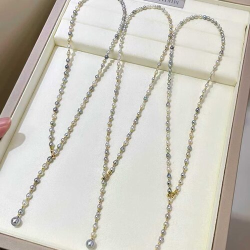 S925银配件 天然色糖果色3-8mm混彩akoya毛衣链 长度50cm优雅高级