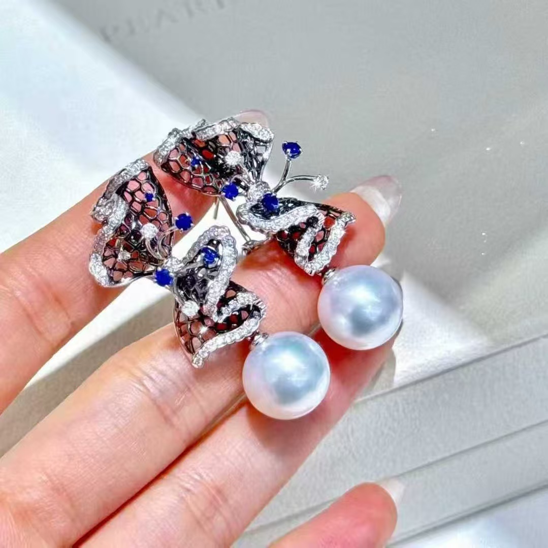 天然海水12-13mm强青粉光炫彩无瑕澳白珍珠耳环 优雅蝴蝶结设计