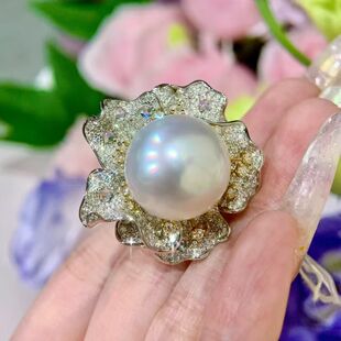 天然海水16.3mm大点位澳白珍珠戒指 18K金钻石镶嵌 雍容华贵