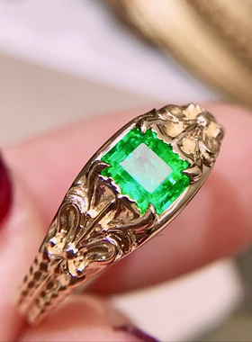 18K金镶嵌哥伦比亚祖母绿戒指 复古老钱风 vivid green 鲜绿色