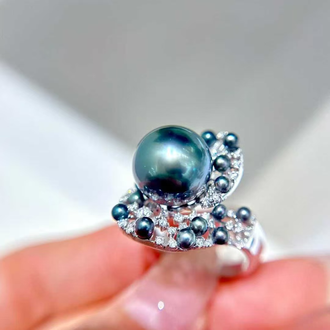 天然海水12-13mm大溪地珍珠戒指 18K白金钻石镶嵌 重工设计款