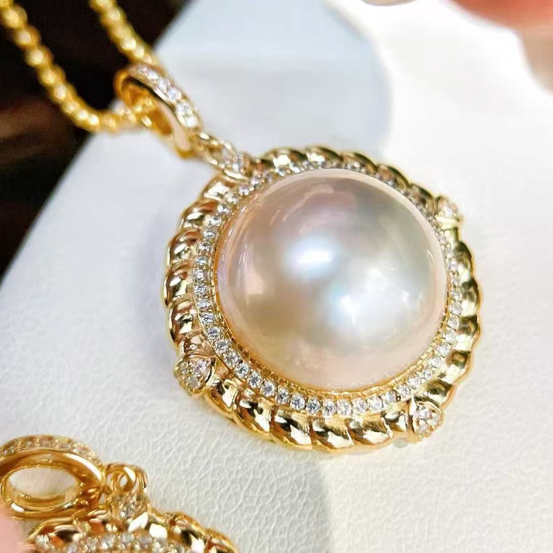 天然海水24mm马贝珍珠吊坠 925银厚银麻花包边 复古时尚 万能扣