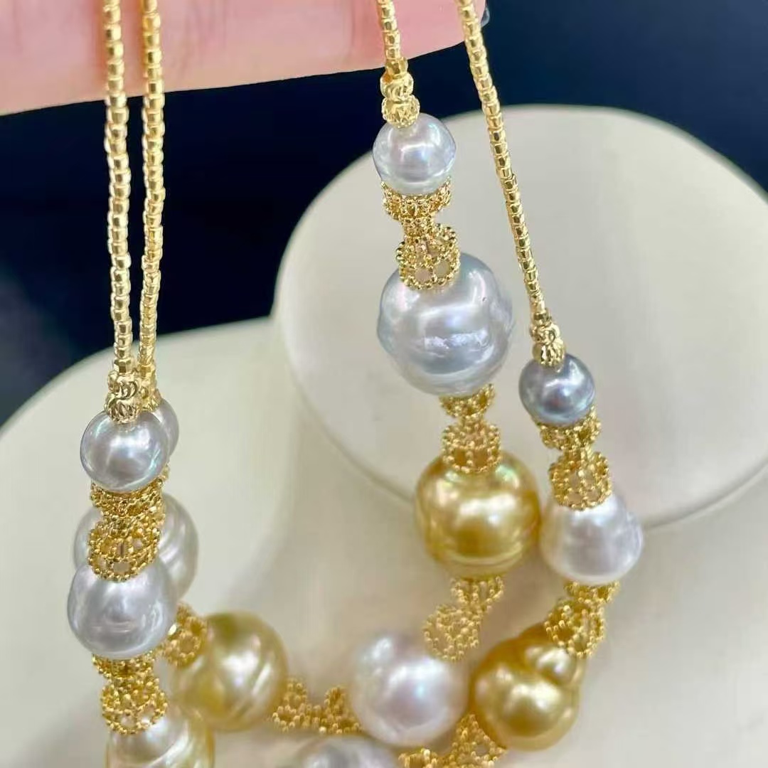 天然海水8-16mm巴洛克金珠澳白混彩小蛮腰项链 进口925银配件