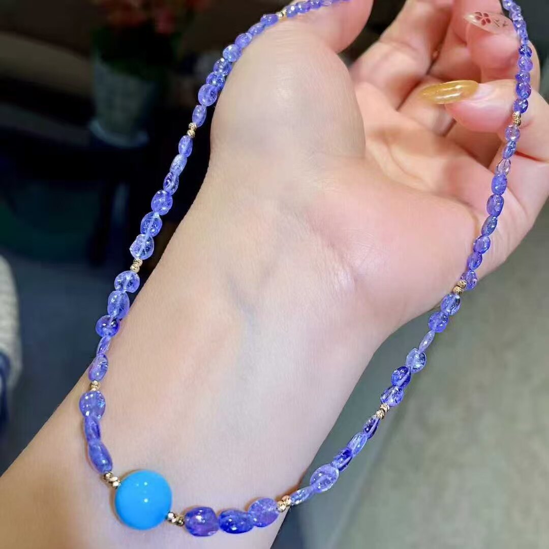 天然高品质睡美人松石+随形坦桑石项链 颜色漂亮 上身超美