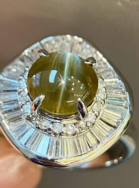 PT铂金钻石镶嵌 蜜桃色金绿猫眼戒指 主石2.02克拉 眼线犀利明显