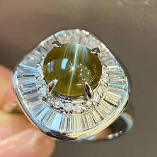 PT铂金钻石镶嵌 蜜桃色金绿猫眼戒指 主石2.02克拉 眼线犀利明显