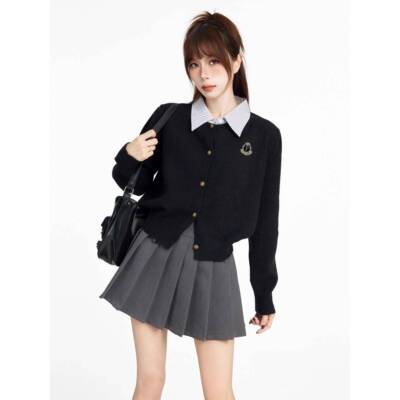 假色两件毛套学院5风格黑y4543543短衣短女开子春秋季小修身针织y
