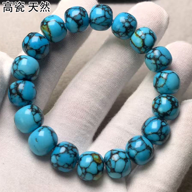 天然原矿绿松石手串老型珠单圈高瓷铁线手串10mm12mm现货