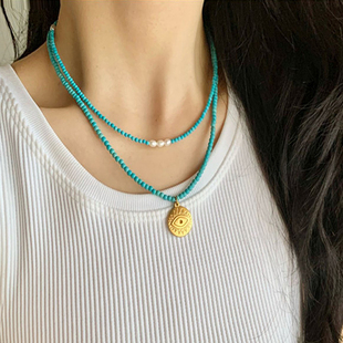 绿松石项链女锁骨链欧美复古恶魔天使之眼镀金吊坠蓝色彩色毛衣链