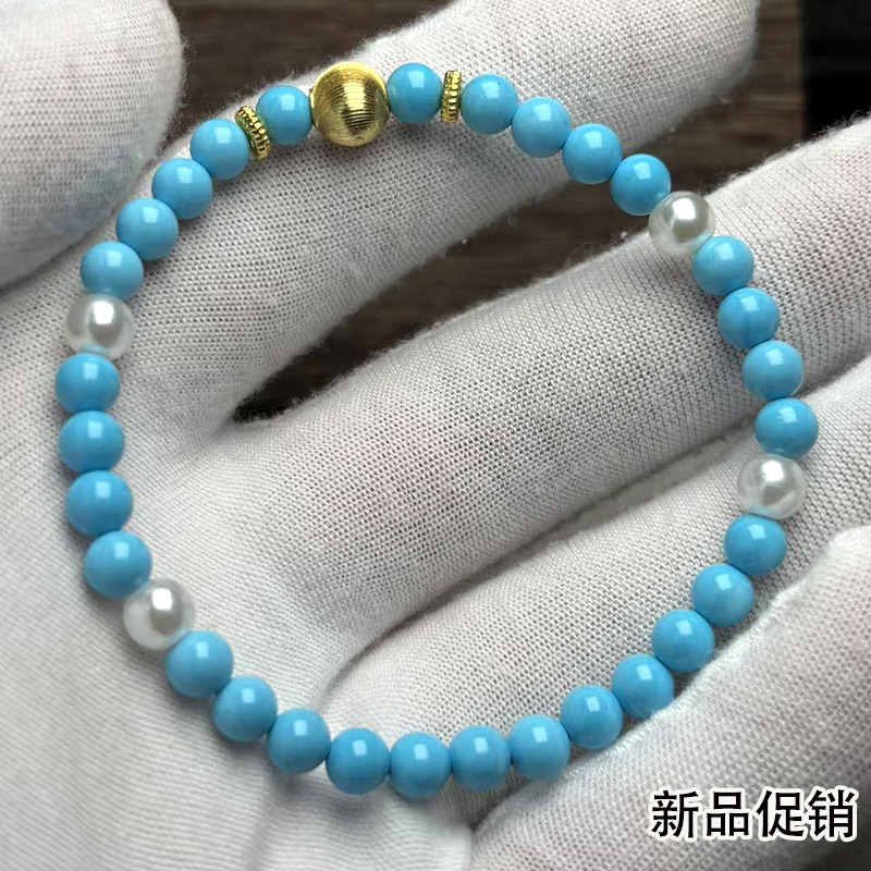 蓝色绿松石手链女生单圈手串5mm圆珠搭配金色珠流行饰品串