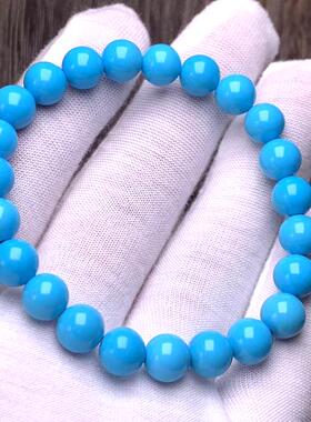 精品天然8m6m绿松石手串单圈高瓷蓝色圆珠串湖北原矿云盖寺蓝手链