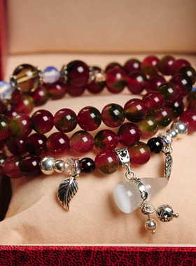 Desigual旺夫高贵养颜西瓜碧玺女925纯银手串原创多层串珠手链